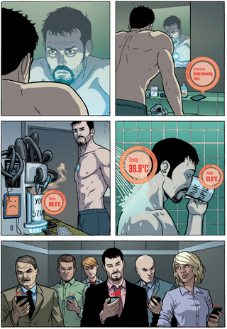 The beginning of a day in the life of Tony Stark, from Invincible Iron Man #33.